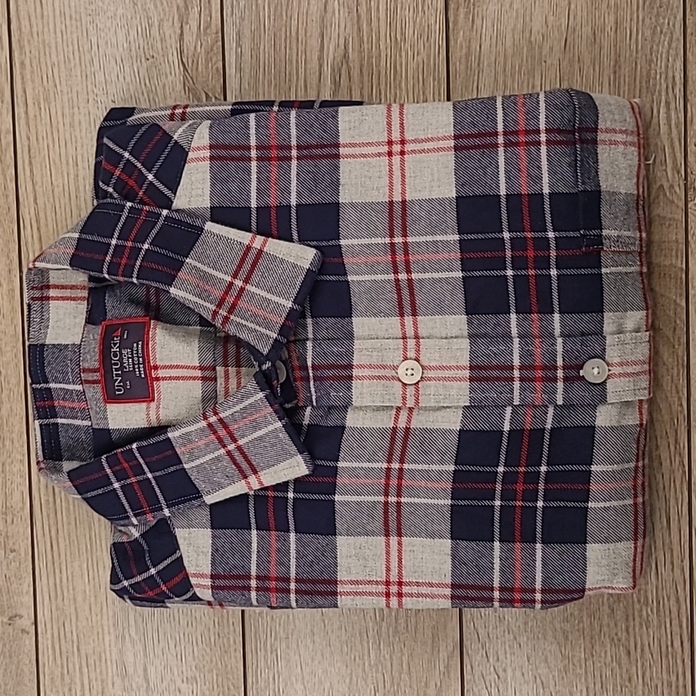 UNTUCKIT Slim Fit Grey Red Navy Plaid Cotton Flannel Sz L Mens Long Sleeve Shirt
